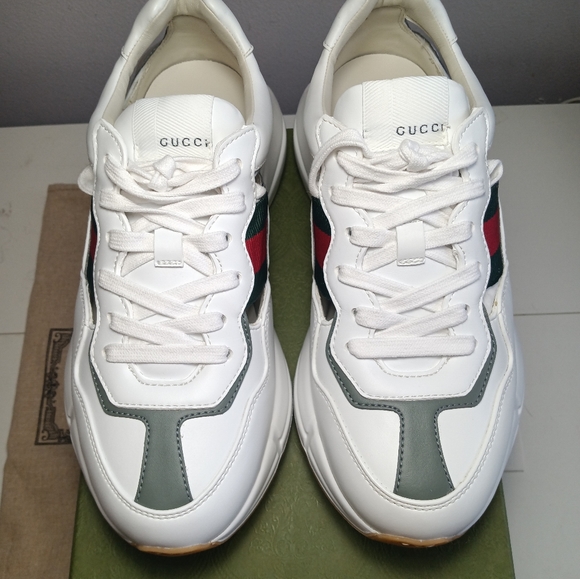 NEW GUCCI RHYTON EVOLUTION CUT-OUT SNEAKERS WHITE WEB LOGO SZ 38.5 - Picture 3 of 16